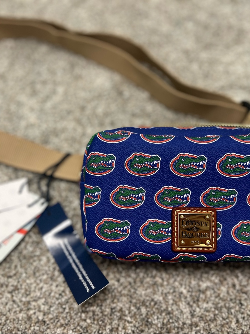 Dooney & Bourke Blue Florida Gators Pattern Crossbody/Belt with Tan Strap